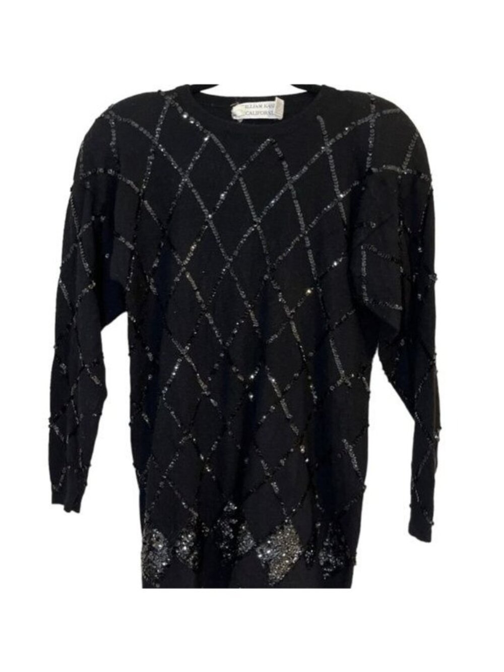 Cashmere Sequin Knit Sweater M Black Retro Mod Neutral Festive Holiday Classic‎